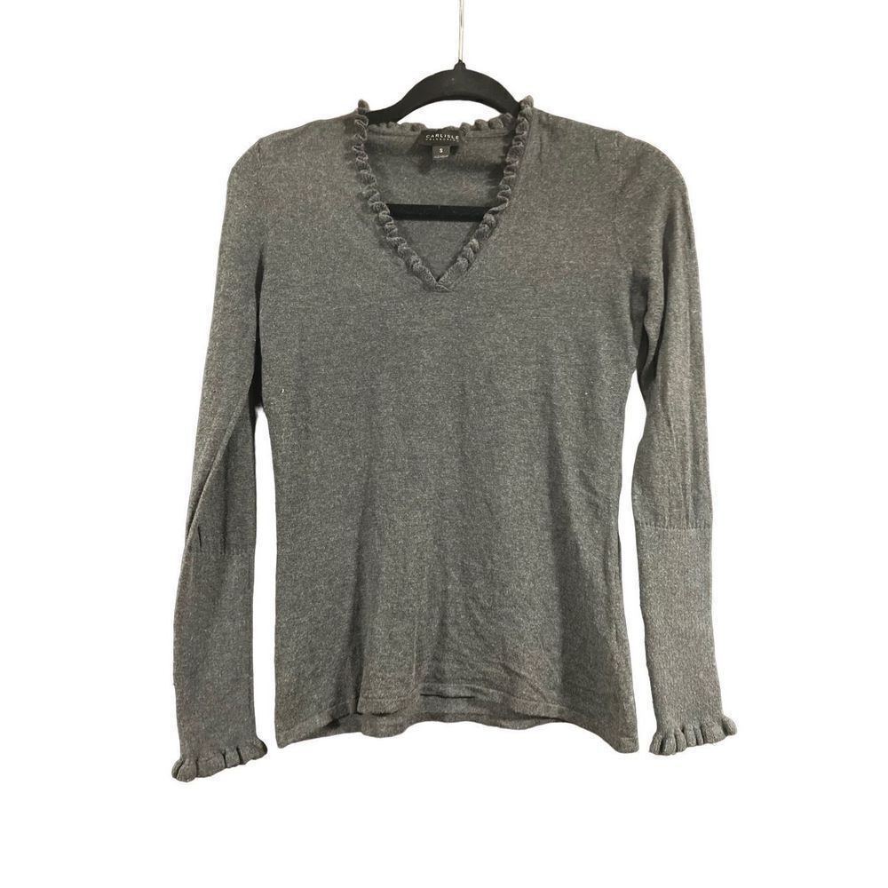 Carlisle Collection Silk and Cashmere Ruffle Sweater Size Small Charcoal Grey Gr